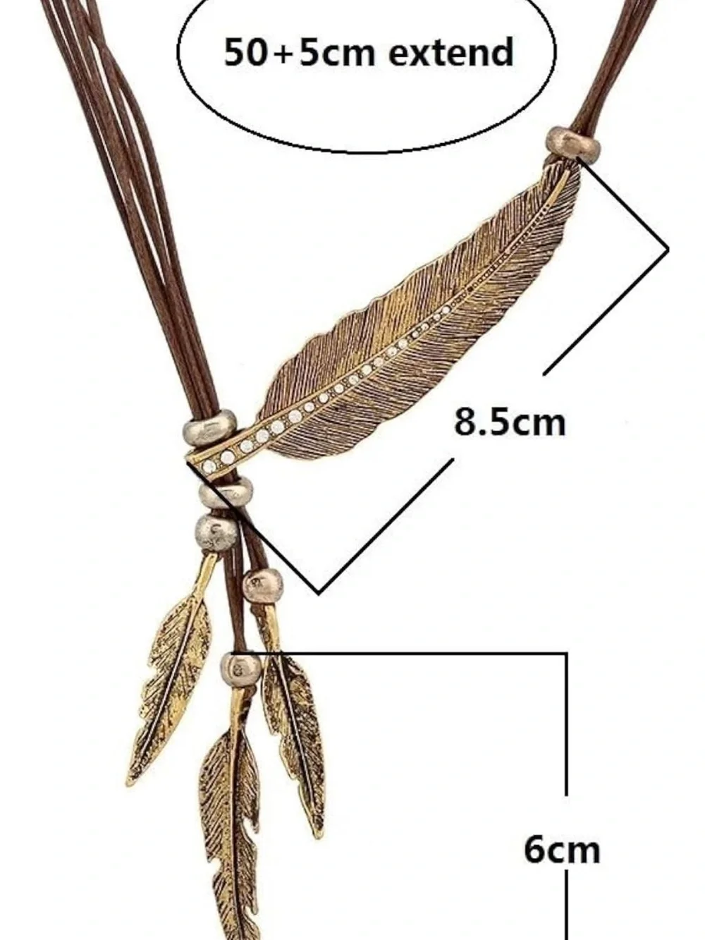 Bohemian Gold Feather Pendant Necklace with Brown Cord